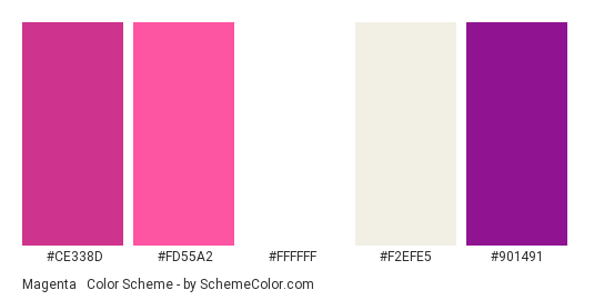 Magenta & White - Color scheme palette thumbnail - #ce338d #fd55a2 #ffffff #f2efe5 #901491 