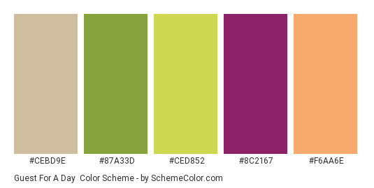 Guest for a Day - Color scheme palette thumbnail - #cebd9e #87a33d #ced852 #8c2167 #f6aa6e 