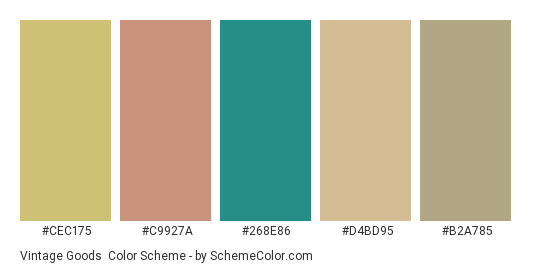 Vintage Goods - Color scheme palette thumbnail - #cec175 #c9927a #268e86 #d4bd95 #b2a785 
