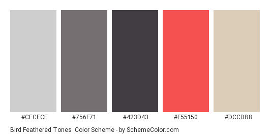 Bird Feathered Tones - Color scheme palette thumbnail - #cecece #756f71 #423d43 #f55150 #dccdb8 