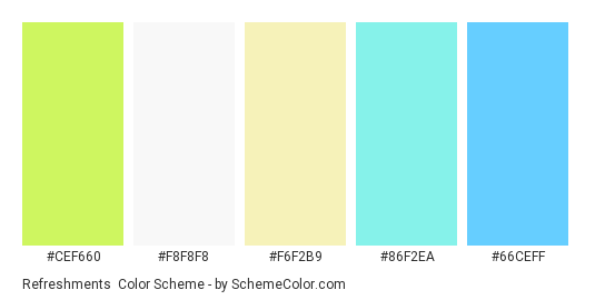 Refreshments - Color scheme palette thumbnail - #cef660 #f8f8f8 #f6f2b9 #86f2ea #66ceff 