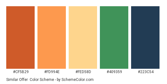 Similar Offer - Color scheme palette thumbnail - #cf5b29 #fd994e #fed58d #409359 #223c54 