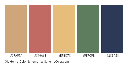 Old Genre - Color scheme palette thumbnail - #cfa57a #c16a63 #e7bd7c #5e7c5e #2c3a58 