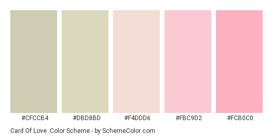 Card of Love - Color scheme palette thumbnail - #cfccb4 #dbd8bd #f4ddd6 #fbc9d2 #fcb0c0 