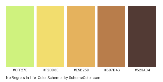 No Regrets In Life - Color scheme palette thumbnail - #cff27e #f2dd6e #e5b25d #b87d4b #523a34 