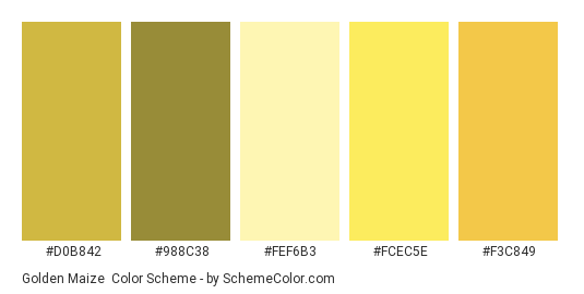 Golden Maize - Color scheme palette thumbnail - #d0b842 #988c38 #fef6b3 #fcec5e #f3c849 