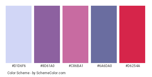 Berries Preserved - Color scheme palette thumbnail - #d1d6f6 #8d61a0 #c86ba1 #6a6da0 #d6254a 