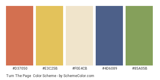 Turn the Page - Color scheme palette thumbnail - #d37050 #e3c25b #f0e4cb #4d6089 #85a05b 