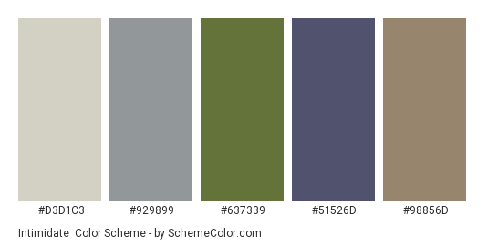Intimidate - Color scheme palette thumbnail - #d3d1c3 #929899 #637339 #51526d #98856d 