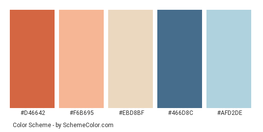 Filtered Cherry Blossom - Color scheme palette thumbnail - #d46642 #f6b695 #ebd8bf #466d8c #afd2de 