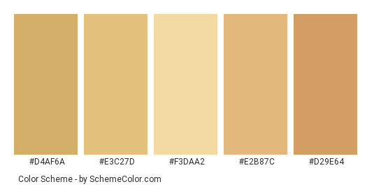 Gold Velvet - Color scheme palette thumbnail - #d4af6a #e3c27d #f3daa2 #e2b87c #d29e64 