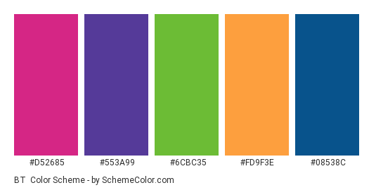 BT - Color scheme palette thumbnail - #d52685 #553a99 #6cbc35 #fd9f3e #08538c 