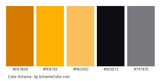 Yellow Taxi Out in Town - Color scheme palette thumbnail - #d57b00 #feb100 #fbc05c #0e0d13 #79787e 