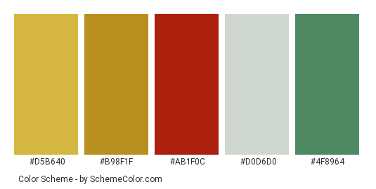 Chinese Porcelain - Color scheme palette thumbnail - #d5b640 #b98f1f #ab1f0c #d0d6d0 #4f8964 