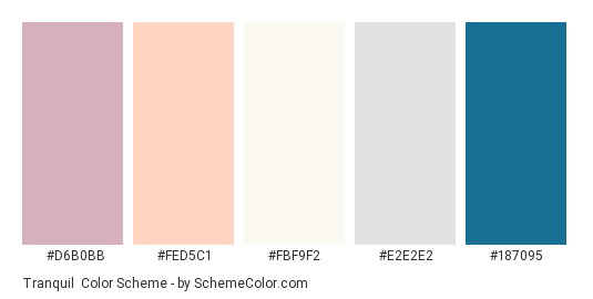 Tranquil - Color scheme palette thumbnail - #d6b0bb #fed5c1 #fbf9f2 #e2e2e2 #187095 