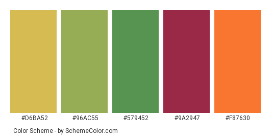 Colors of Citrus - Color scheme palette thumbnail - #d6ba52 #96ac55 #579452 #9a2947 #f87630 
