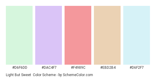 Light but Sweet - Color scheme palette thumbnail - #d6f6dd #dac4f7 #f4989c #ebd2b4 #D6F2F7 