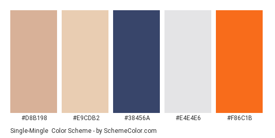 Single-Mingle - Color scheme palette thumbnail - #d8b198 #e9cdb2 #38456a #e4e4e6 #f86c1b 