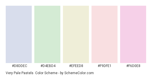 Very Pale Pastels - Color scheme palette thumbnail - #d8ddec #d4ebd4 #efeed8 #f9dfe1 #f6d0e8 