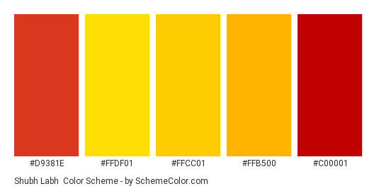 Shubh Labh - Color scheme palette thumbnail - #d9381e #ffdf01 #ffcc01 #ffb500 #c00001 