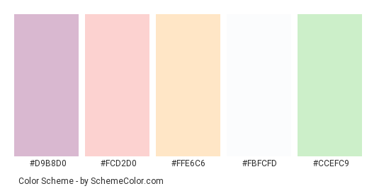Pastel Cupcakes - Color scheme palette thumbnail - #d9b8d0 #fcd2d0 #ffe6c6 #fbfcfd #ccefc9 