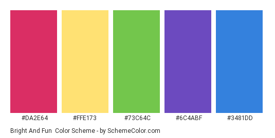 Bright and Fun - Color scheme palette thumbnail - #da2e64 #ffe173 #73c64c #6c4abf #3481dd 