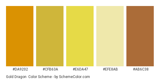Gold Dragon - Color scheme palette thumbnail - #da9202 #cfb63a #e6da47 #efe8ab #ab6c38 