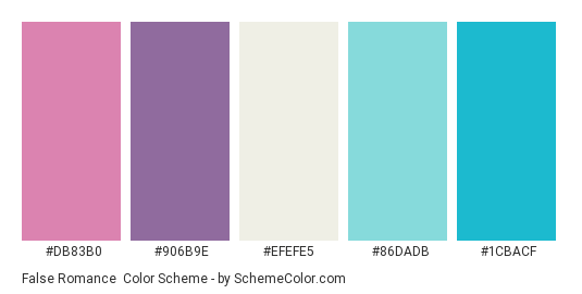 False Romance - Color scheme palette thumbnail - #db83b0 #906b9e #efefe5 #86dadb #1cbacf 