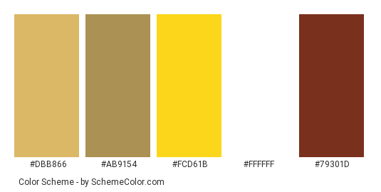 Attractive Home Colour - Color scheme palette thumbnail - #dbb866 #ab9154 #fcd61b #ffffff #79301d 