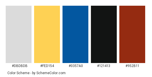 Despicable Me - Color scheme palette thumbnail - #dbdbdb #fed154 #0357a0 #121413 #952b11 