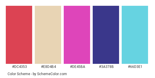 New Year Confetti - Color scheme palette thumbnail - #dc4353 #e8d4b4 #de45ba #3a378b #66d3e1 
