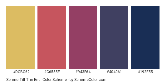 Serene Till the End - Color scheme palette thumbnail - #dcbc62 #c6555e #943f64 #404061 #192e55 