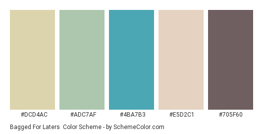 Bagged for Laters - Color scheme palette thumbnail - #dcd4ac #adc7af #4ba7b3 #e5d2c1 #705f60 