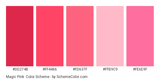 Magic Pink - Color scheme palette thumbnail - #dd274b #FF4466 #fd637f #ffb9c9 #fe6e9f 