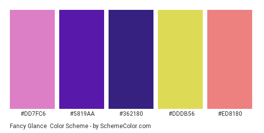 Fancy Glance - Color scheme palette thumbnail - #dd7fc6 #5819aa #362180 #dddb56 #ed8180 