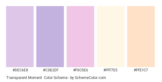 Transparent Moment - Color scheme palette thumbnail - #dec6e8 #c3b2df #f0c5e6 #fff7e5 #ffe1c7 
