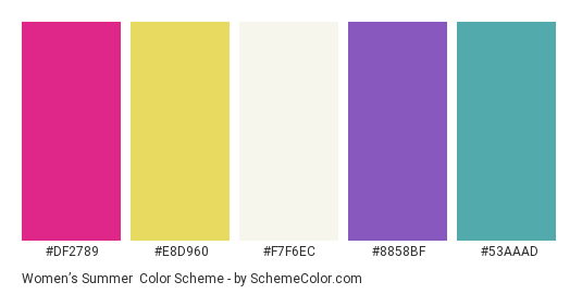 Women’s Summer - Color scheme palette thumbnail - #df2789 #e8d960 #f7f6ec #8858bf #53aaad 