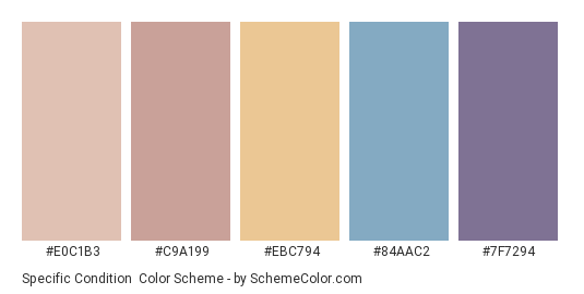Specific Condition - Color scheme palette thumbnail - #e0c1b3 #c9a199 #ebc794 #84aac2 #7f7294 