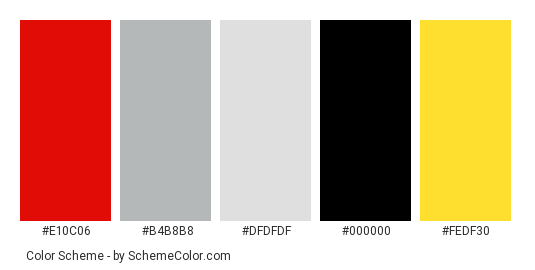 I Heart Wheels - Color scheme palette thumbnail - #e10c06 #b4b8b8 #dfdfdf #000000 #fedf30 