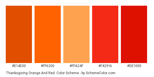 Thanksgiving Orange and Red - Color scheme palette thumbnail - #e14e00 #ff6200 #ffa24f #f42916 #de1000 