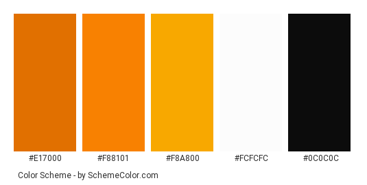 Clown Fish - Color scheme palette thumbnail - #e17000 #f88101 #f8a800 #fcfcfc #0c0c0c 