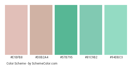 Green Eyes Like The Ocean - Color scheme palette thumbnail - #e1bfb8 #d0b2a4 #57b795 #81c9b2 #94dbc3 