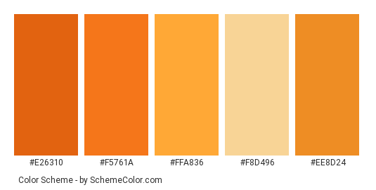 Orange Fruit - Color scheme palette thumbnail - #e26310 #f5761a #ffa836 #f8d496 #ee8d24 