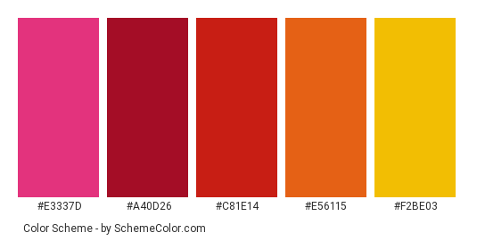 Spinning a Yarn - Color scheme palette thumbnail - #e3337d #a40d26 #c81e14 #e56115 #f2be03 