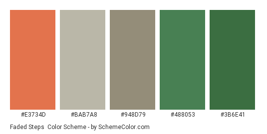 Faded Steps - Color scheme palette thumbnail - #e3734d #bab7a8 #948d79 #488053 #3b6e41 