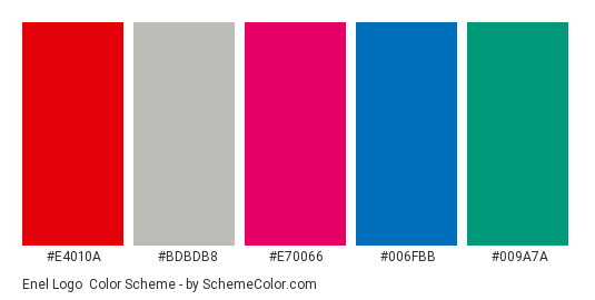 Enel Logo - Color scheme palette thumbnail - #e4010a #bdbdb8 #e70066 #006fbb #009a7a 