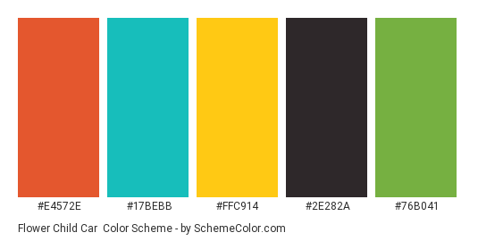 Flower Child Car - Color scheme palette thumbnail - #e4572e #17bebb #ffc914 #2e282a #76b041 