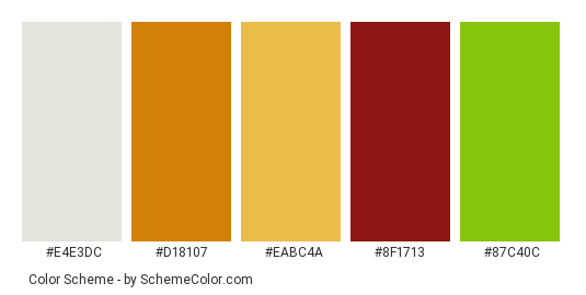 A Pie For You - Color scheme palette thumbnail - #e4e3dc #d18107 #eabc4a #8f1713 #87c40c 