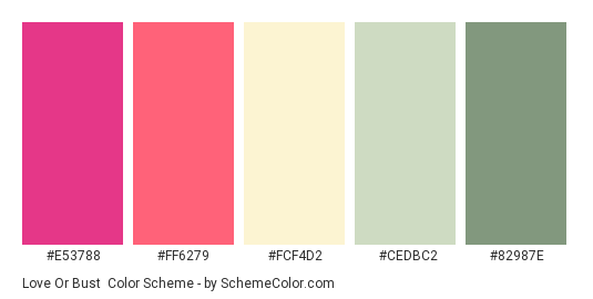 Love or Bust - Color scheme palette thumbnail - #e53788 #ff6279 #fcf4d2 #cedbc2 #82987e 