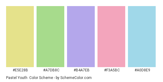 Pastel Youth - Color scheme palette thumbnail - #e5e28b #a7db8c #b4a7eb #f3a5bc #a0d8e9 